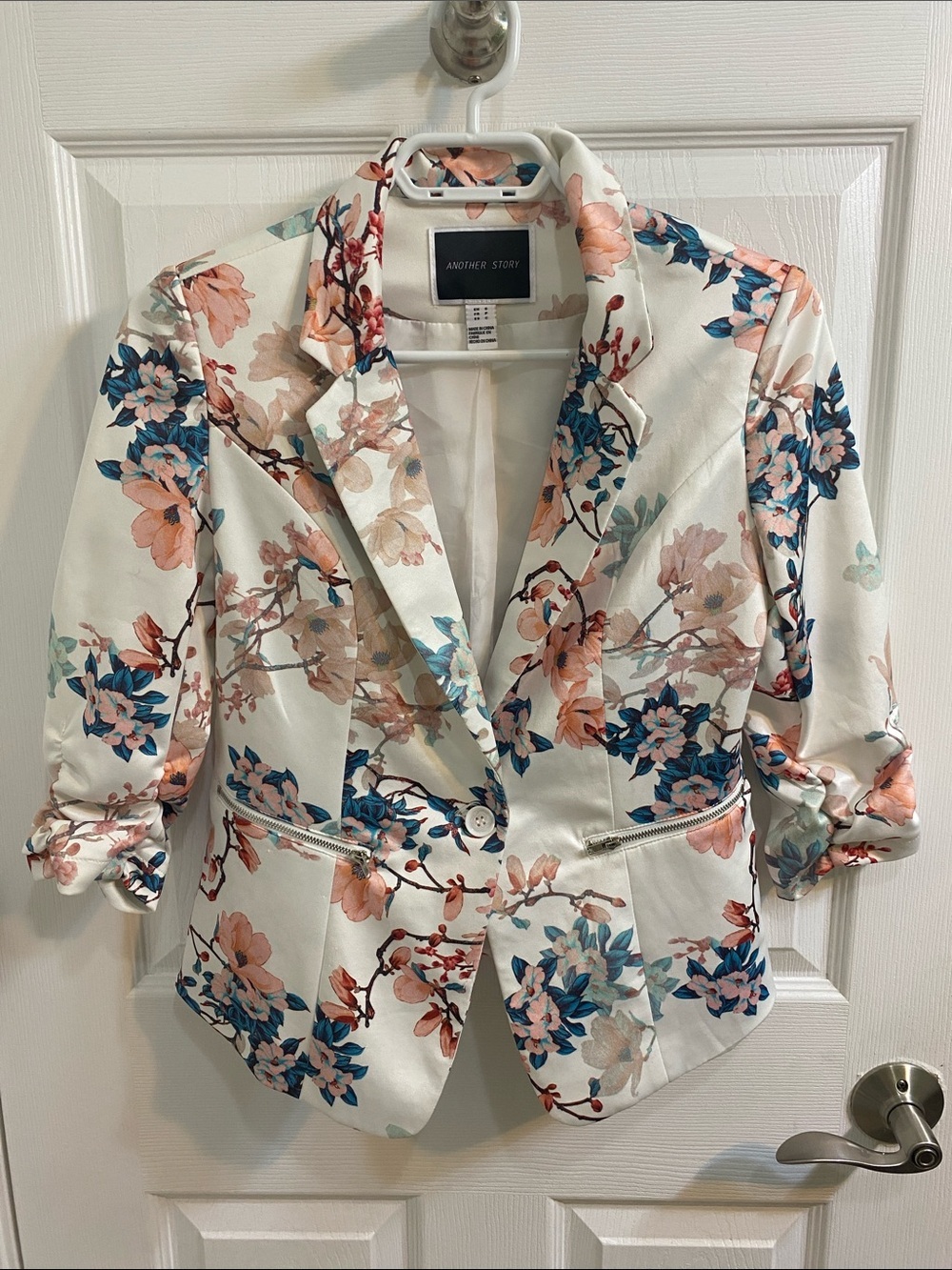 Another Story Floral Ruched Sleeve Women’s Blazer Spring Summer Size Small